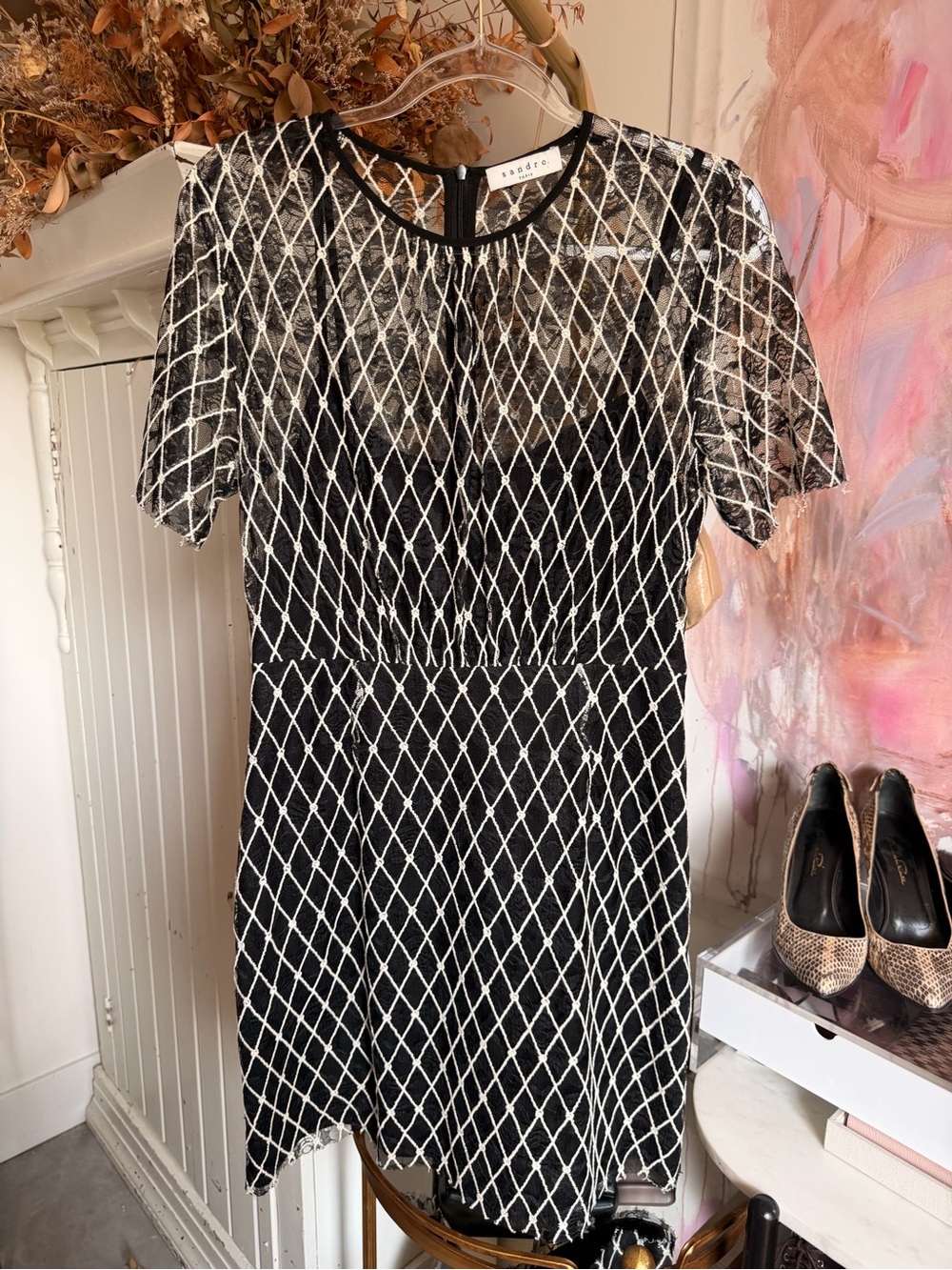Sandro Black & White Diamond-Pattern Short Sleeve Dress